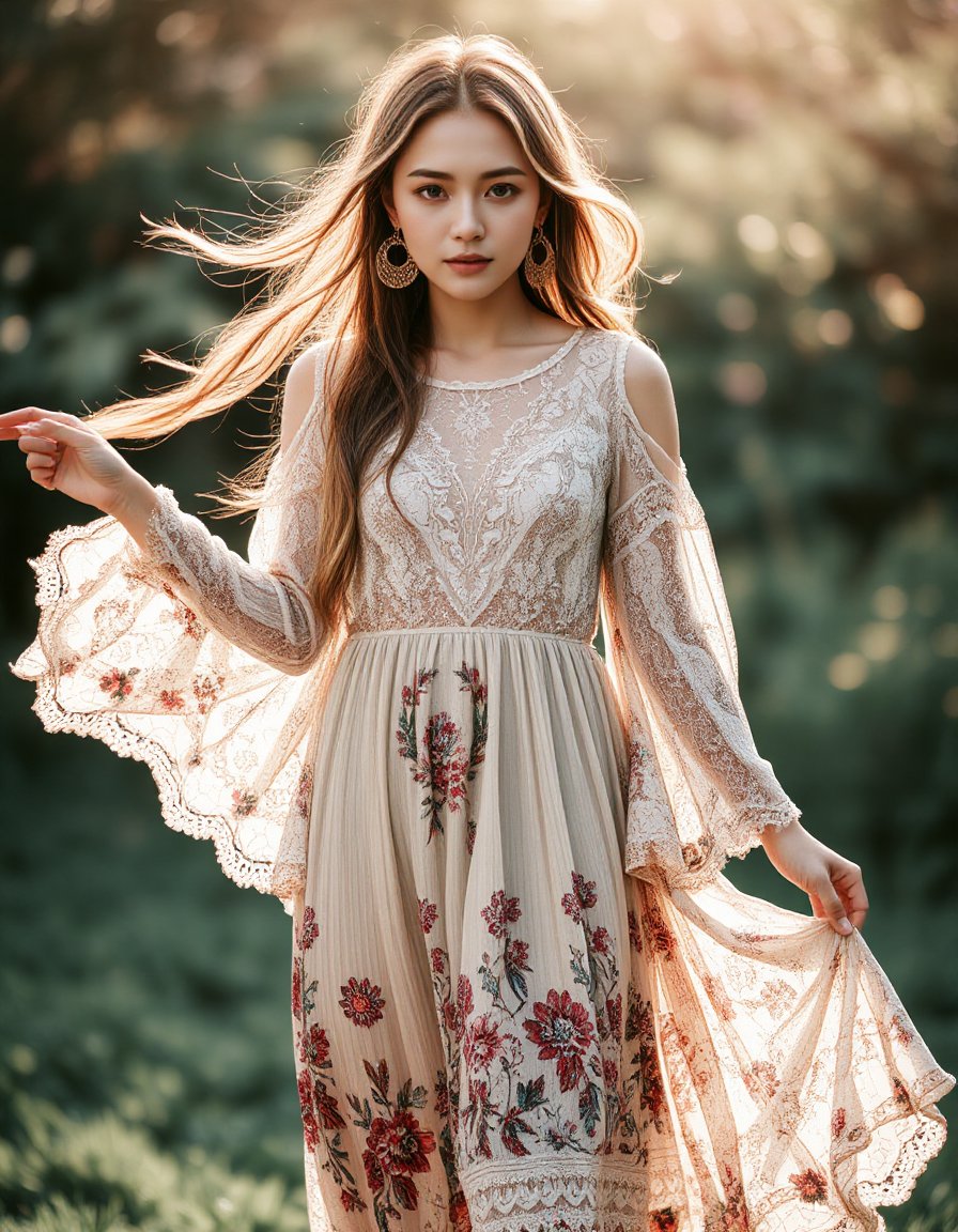 bohoai girl, A raw photo of a woman wearing a flowing, floral long lace dress in a boho style. The intricate lace patterns and delicate floral details of the dress catch the natural light, creating a soft, ethereal glow. Her long hair cascades in loose waves, complementing the relaxed and free-spirited vibe of the bohemian aesthetic. The dress moves gently with the breeze, adding to the sense of effortless elegance. She stands in a natural, earthy setting, perhaps in a field or garden, surrounded by greenery that enhances the organic feel of the scene. The lighting is warm and natural, emphasizing the intricate textures of the lace and the vibrant colors of the floral patterns. The atmosphere is serene and inviting, capturing the essence of boho fashion with a focus on freedom, beauty, and a connection to nature. The soft shadows and balanced exposure add depth to the image, making it feel intimate and authentic<lora:hinaFluxBohoGirlMix-schnell_v1:0.7>