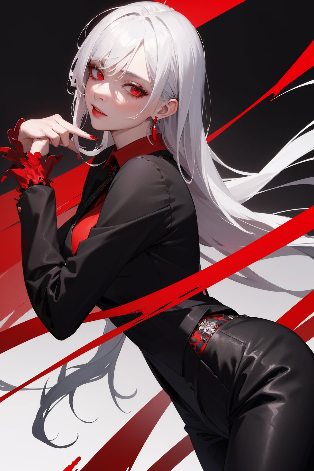 ((masterpiece)), ((best quality)), absurdres, 8k uhd, beautiful colors, insane detail,A portrait of a female devil with white hair and red eyes and ((black suit)) with black pants and (red shirt:1.2) and black tie looking at viewer