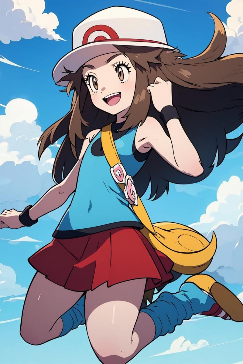 masterpiece, best quality,  <lora:LeafGen1:1> leafgen1, leaf (pokemon), 1girl, long hair, brown eyes, brown hair , bare arms, blue shirt, blue socks, hat, messenger bag, sleeveless shirt, loose socks, red skirt, shirt, skirt, sleeveless, white headwear, wristband, yellow bag, smile, jumping, blue sky, clouds, happy, 