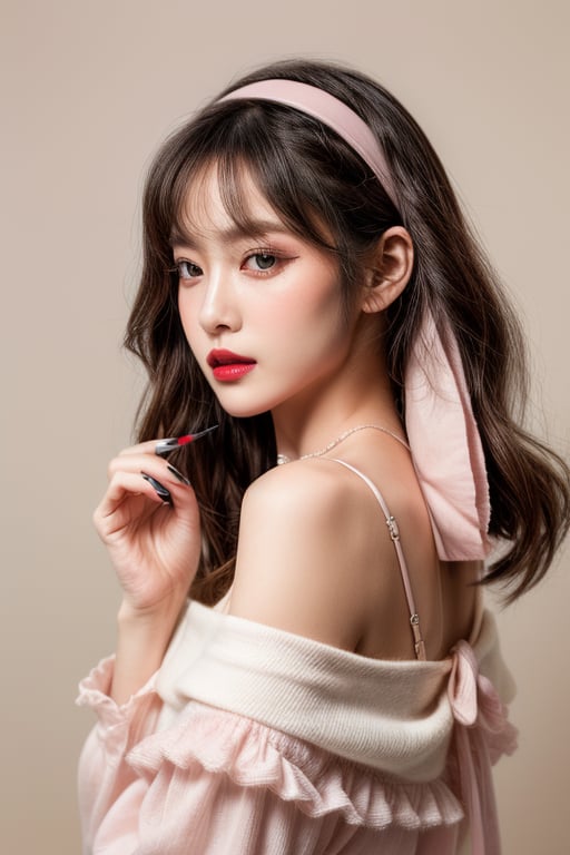 (fashion photography:1.3),(sweet:1.2),((nail polish, eyeliner, eyelashes, lipstick, makeup)),The girl has long,(wavy hair with a mix of pink and white colors:1.1),which gives off a soft and whimsical vibe. They are wearing what appears to be a light-colored,possibly pink,top with a ruffled neckline. The person is also adorned with accessories that include a headband with a bow and what looks like a feather or a decorative element on the side. The overall aesthetic is very cute and playful,with a focus on pastel colors and a fantasy-like quality. The background is simple and does not distract from the subject,which is the person's face and upper body,<lora:add_detail 3:1>,