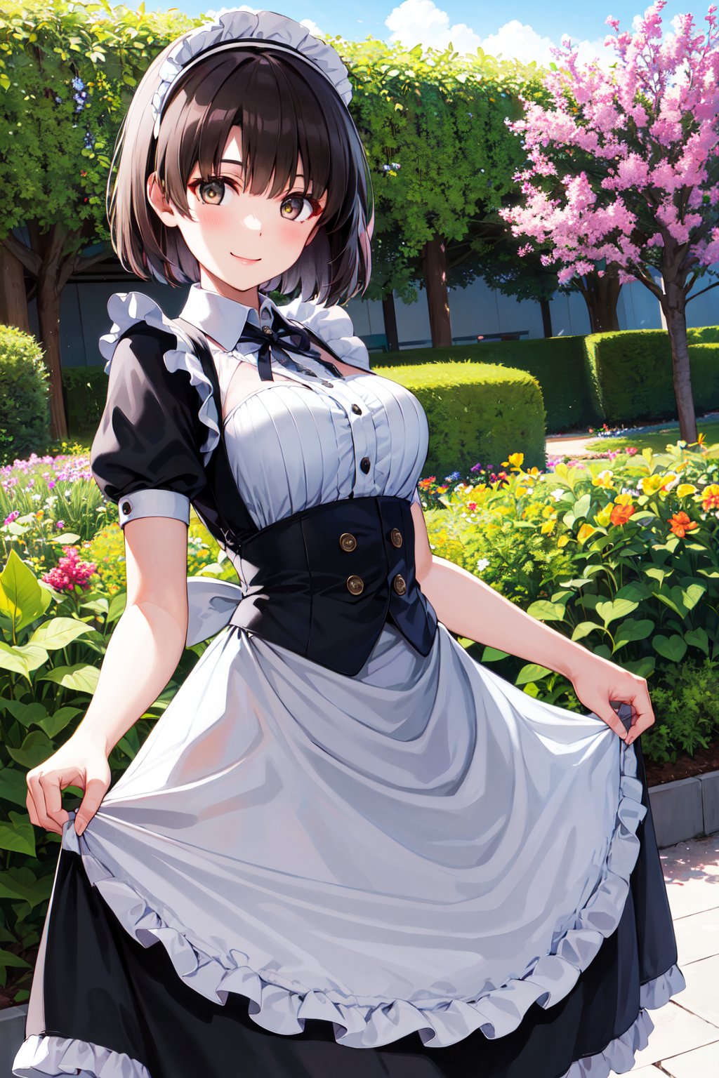 masterpiece, best quality, highres, aamegumi, short hair, <lora:katou_megumi_v2:0.7>, maid, maid headdress, apron, black dress, skirt hold, smile, garden, standing,