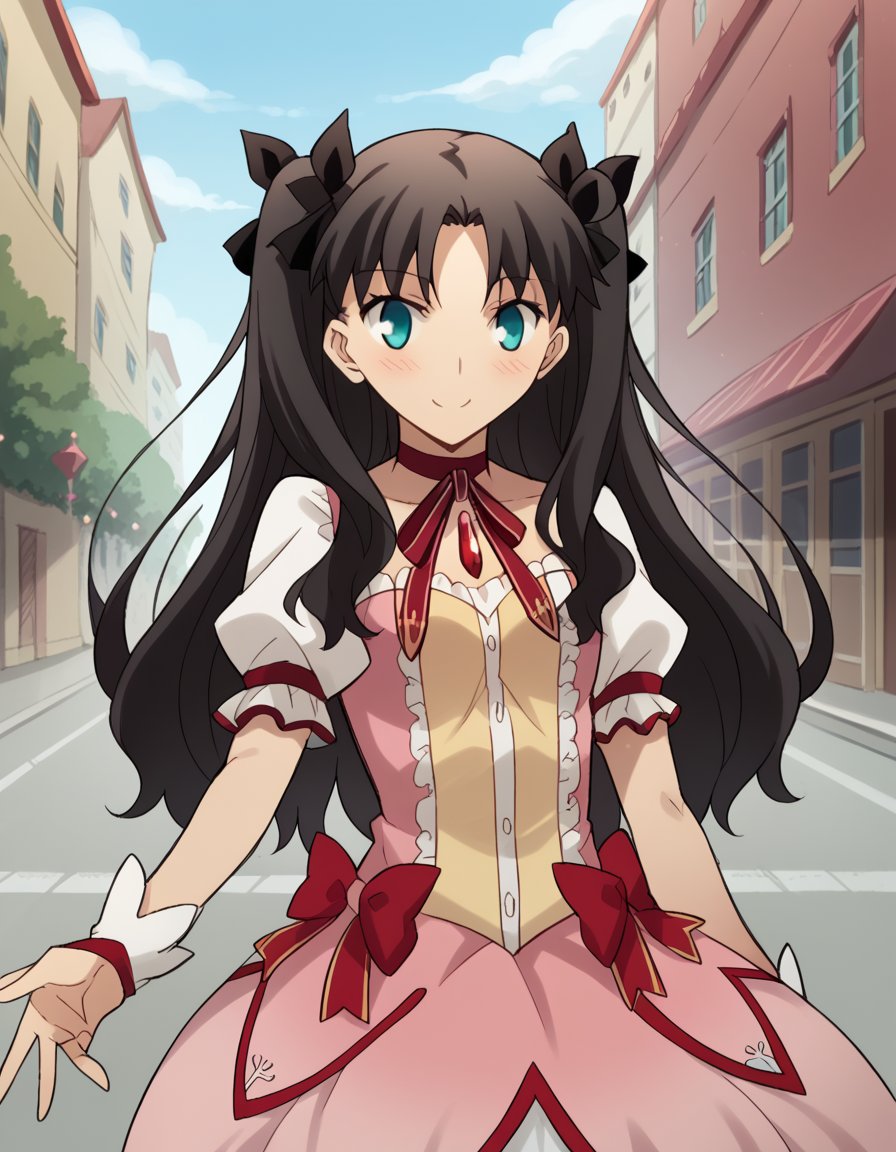 score_9, score_8_up, score_7_up, source_anime, rintohsaka, <lora:rin-tohsaka-ubw-ponyxl-lora-nochekaiser:1>, rin tohsaka, aqua eyes, black hair, hair ribbon, long hair, ribbon, sidelocks, two side up, parted bangs,, <lora:kaname-madoka-cosplay-ponyxl-lora-nochekaiser:1>, kanamemadokacosplay, kaname madoka \(cosplay\), chest jewel, dress, frilled dress, frills, magical girl, neck ribbon, pink dress, puffy short sleeves, puffy sleeves,, outdoors, streets, smile, blush, v, v over eye,, cowboy shot, dutch angle, solo,