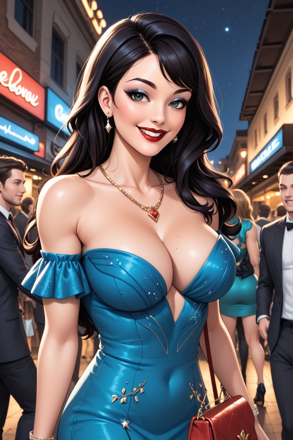 score_9, score_8_up, score_7_up, masterpiece, high quality, BREAK <lora:Bombshell Wonder WomanPonyLoRA:0.9>bmbshllwndrwmn, long hair, dress, bare shoulders, detached sleeves, makeup, cleavage, walking on a red carped, at night, palms, nightclub entrance, crowd of people, smile, holding handbag