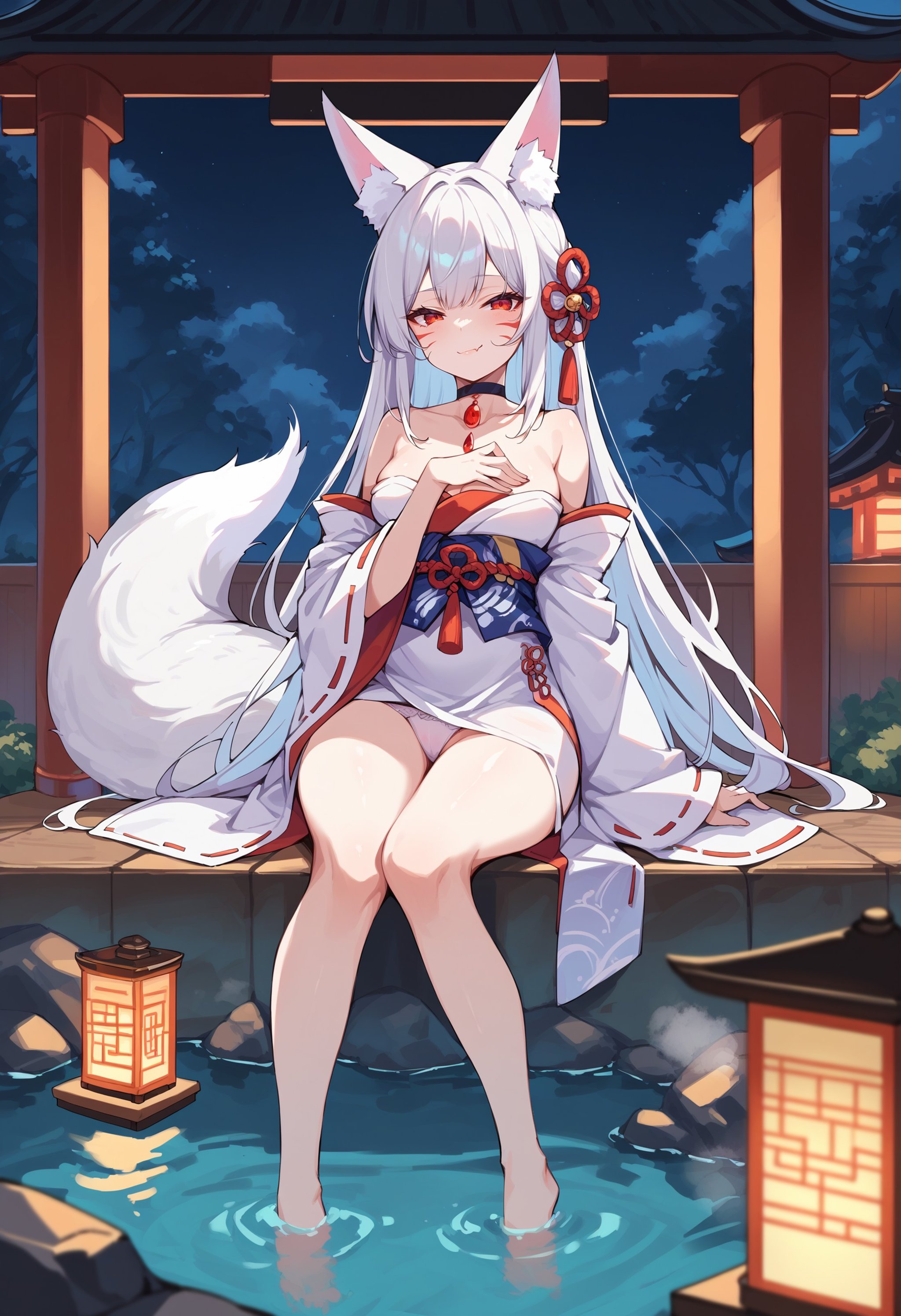 score_9, score_8_up, score_7_up, score_6_up, source anime,1girl, animal ear fluff, fox girl, fox ears, fox tail, eyelashes, white hair, long hair, red eyes, facial whisker markings, pale skin, choker gem, panties, tail censor, full body, smug, outdoors, dark night, hot springs, pagoda, lanterns, steam, water , masterpeice, best quality, very aesthetic, absurdres