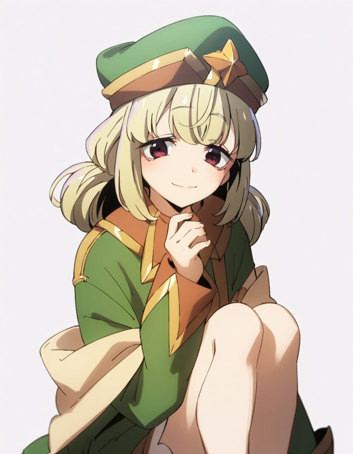 score_9, score_8_up, score_7_up, score_6_up, score_5_up, score_4_up, source_anime,  Kiwi, solo , magical girl, hat, sitting, smile