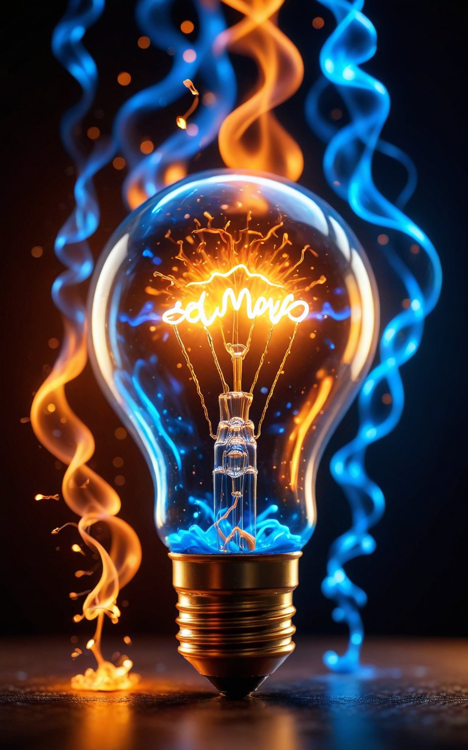 (best quality, 4K, 8K, high-resolution, masterpiece), ultra-detailed, realistic, photorealistic, glowing light bulb, inside fire, abstract background, bokeh effect, orange and blue color scheme, magical atmosphere, dynamic lighting, high contrast, detailed glass texture, sparks and particles, ethereal ambiance, high detail, high resolution, glowing filament, burning inside, mesmerizing visuals, cinematic composition.