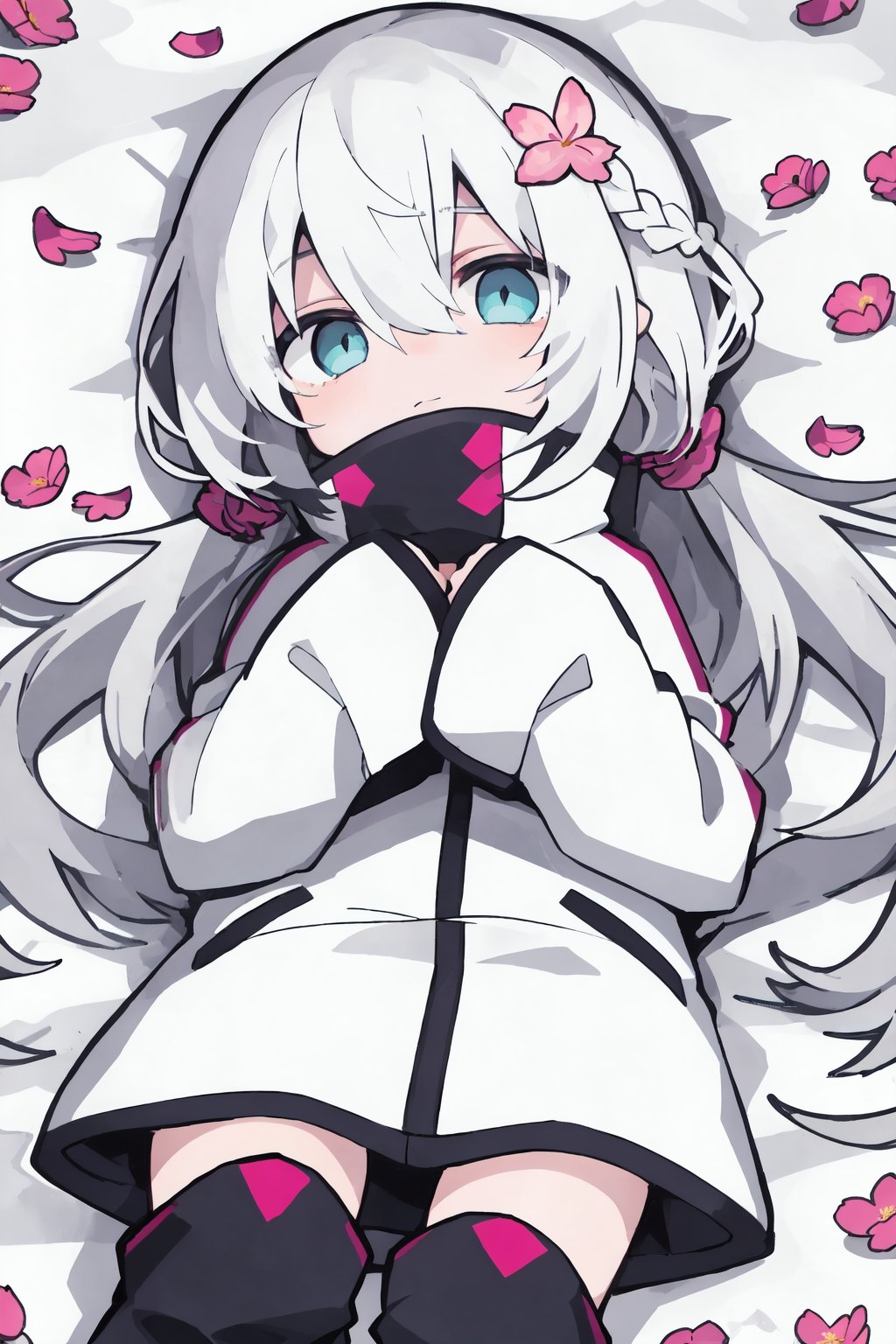 1girl, solo, flower, white hair, petals, blue eyes, looking at viewer, white jacket, sleeves past wrists, covered mouth, pink flower, jacket, boots, long sleeves, lying, hair ornament, on back, feathers, bangs, long hair, hair between eyes, braid, aqua eyes, chibi, so-style