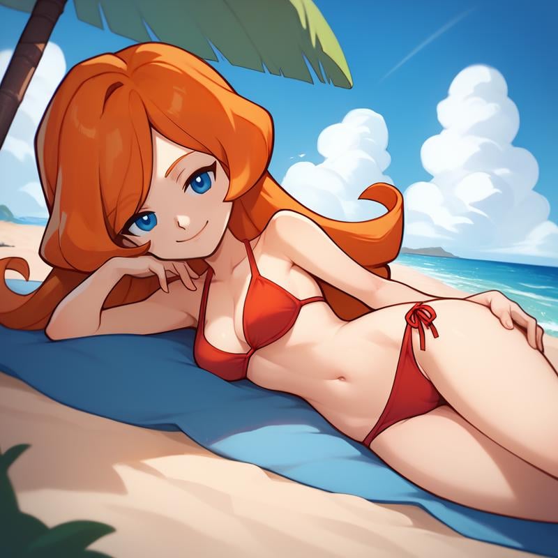 score_9, score_8_up, score_7_up, 1girl, solo, uncensored,  <lora:WarioWareMonaXL_v1.1:1> wariowaremona,  smile, on side, lying, looking at viewer, half-closed eyes,  blue eyes, long orange hair, red bikini,  outdoors, beach, ocean, sand, sky, sunny