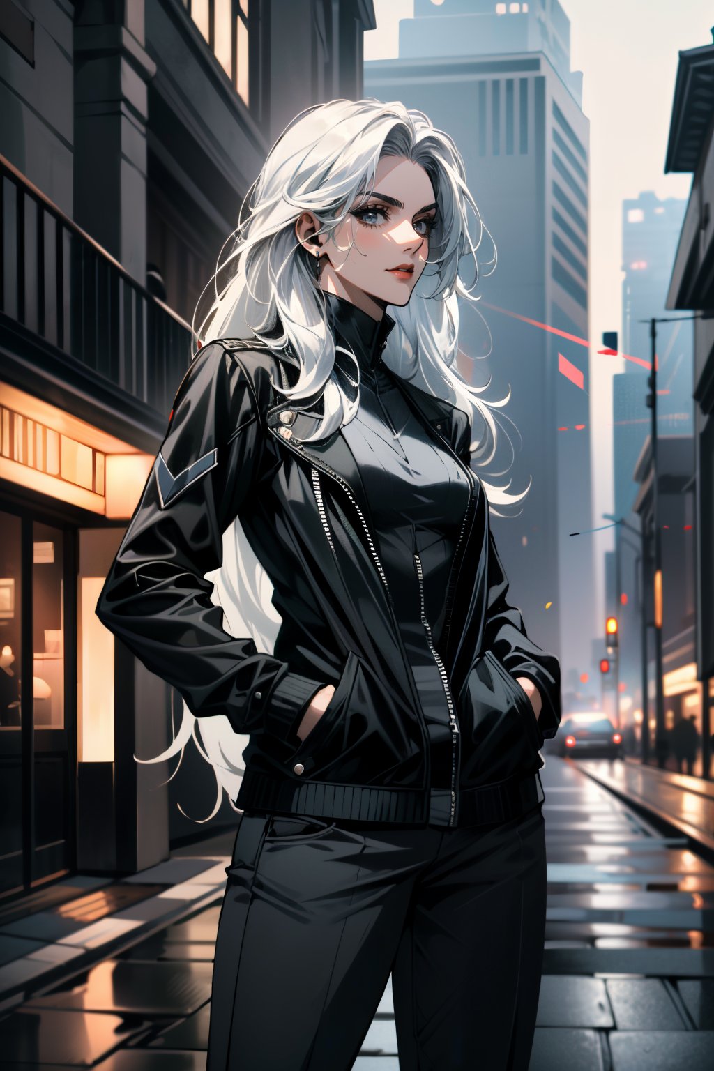 ((ultra detailed, masterpiece, absurdres)) <lora:SpiderBlackCat:0.9>SpiderBlackCat, 1girl, white hair, long hair, Hands in pockets, portraying nonchalant charm