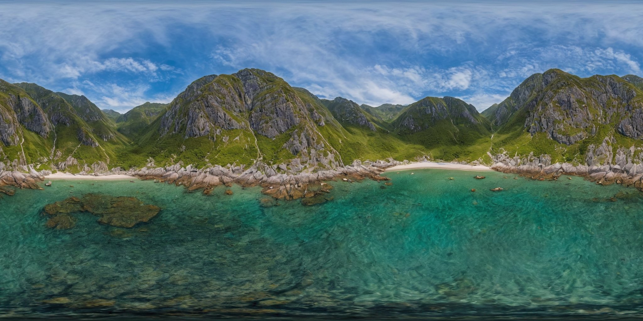 <lora:HMSG航拍全景XL:1>,360panorama,An aerial view of rocks protruding from the sea,creating a mesmerizing pattern on the ocean's canvas. The rocks,emerging like giants from the depths,break the monotonous blue with their rugged,weather-beaten surfaces. Around them,the water swirls in various shades of blue and green,indicating currents and the whisper of marine life beneath. The contrast between the steadfast rocks and the fluid,ever-changing sea paints a picture of resilience and beauty,a testament to the enduring power of nature.,<lora:光影XL:1>,