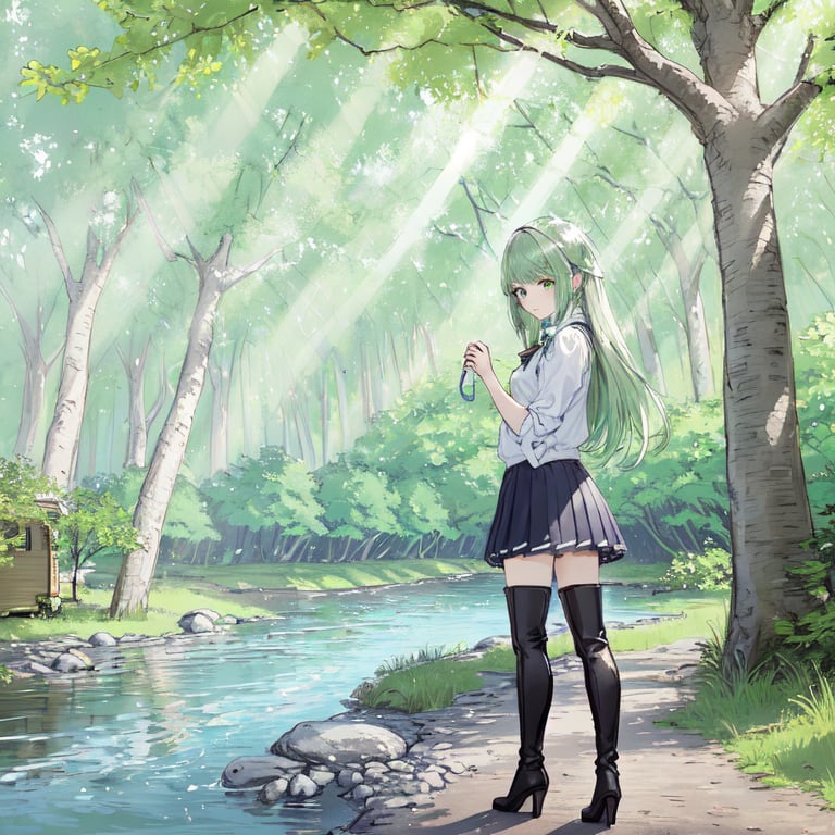 masterpiece, best quality, bs_style, 1girl, solo, cornsilk colored hair, light sea-green eyes, cowboy shot, A-line skirt, blouse, knee-high boots, (river surrounded by trees:1.2),blue sky and cumulonimbus,(camping:1.3),(Riverside:1.3),(in shadow,arbor,light reflecting in the river,tree shade, sunbeams:1.5),  <lora:bs_style:0.7>