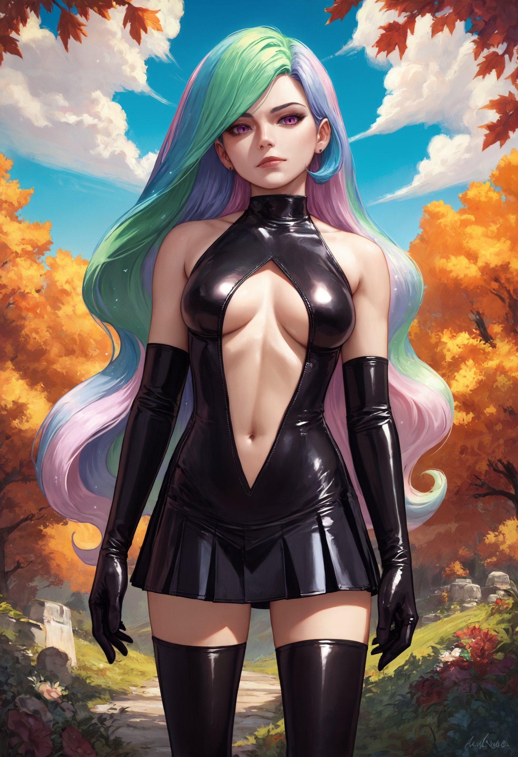 zPDXL, source_anime, 1girl,human celestia,black latex princess, thighhighs, elbow gloves, breasts apart, skirt,standing, cowboy shot, outdoors, blue sky,<lora:latex-princess-ot6-1560:0.8>