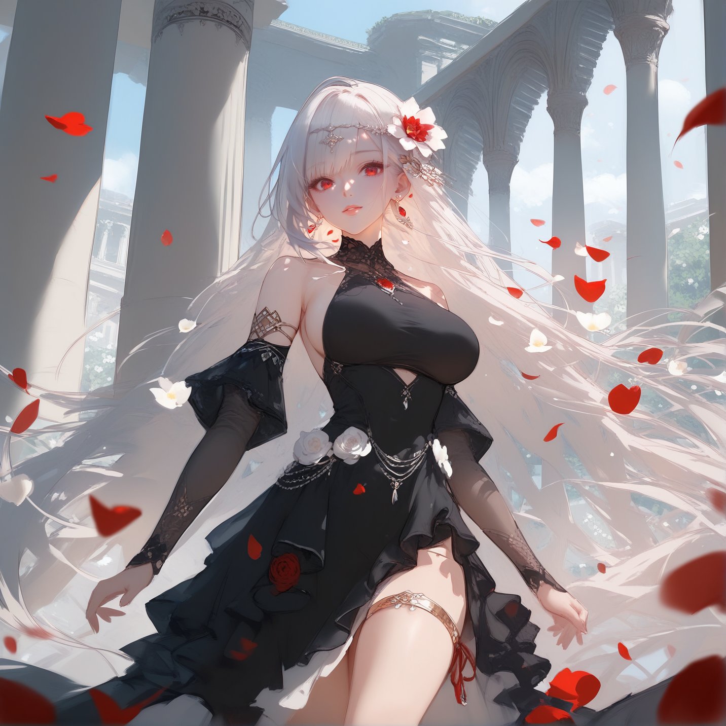 score_9, score_8_up, score_7_up, score_6_up, score_5_up, score_4_up, <lora:style1:1>, style1, 1girl, flower, long hair, solo, dress, red eyes, black dress, red flower, jewelry, white hair, detached sleeves, hair ornament, earrings, standing, very long hair, bangs, bare shoulders, breasts, petals, long sleeves, pillar, thigh strap, arch, backless dress, white flower, backless outfit, large breasts, day <lora:more_details:1>