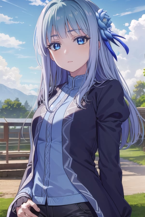 mabelrayveil, <lora:mabel rayveil s1-lora-nochekaiser:1>,mabel rayveil, long hair, bangs, blue eyes, hair ornament, blue hair, flower, hair flower, blunt bangs,BREAK long sleeves, jacket, shorts, puffy sleeves, short shorts, black shorts, juliet sleeves,BREAK outdoors, nature, forest, sky, sun, clouds,BREAK looking at viewer, (cowboy shot:1.5),BREAK <lyco:GoodHands-beta2:1>, (masterpiece:1.2), best quality, high resolution, unity 8k wallpaper, (illustration:0.8), (beautiful detailed eyes:1.6), extremely detailed face, perfect lighting, extremely detailed CG, (perfect hands, perfect anatomy),