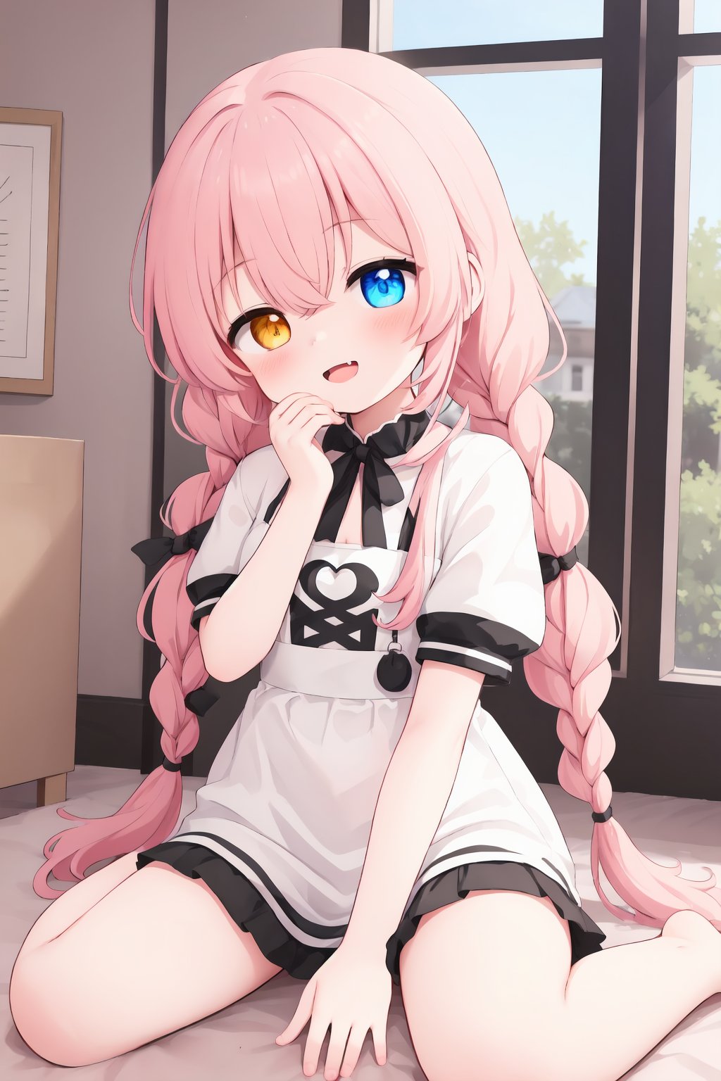 1girl,solo,heterochromia,long hair,fang,blue eyes,yellow eyes,short sleeves,wariza,twin braids,clothing cutout,sitting,bangs,blush,pink hair,indoors,looking at viewer,hoshino \(blue archive\),smile,window,enmaided,low twintails,:d,hair between eyes,hand up,