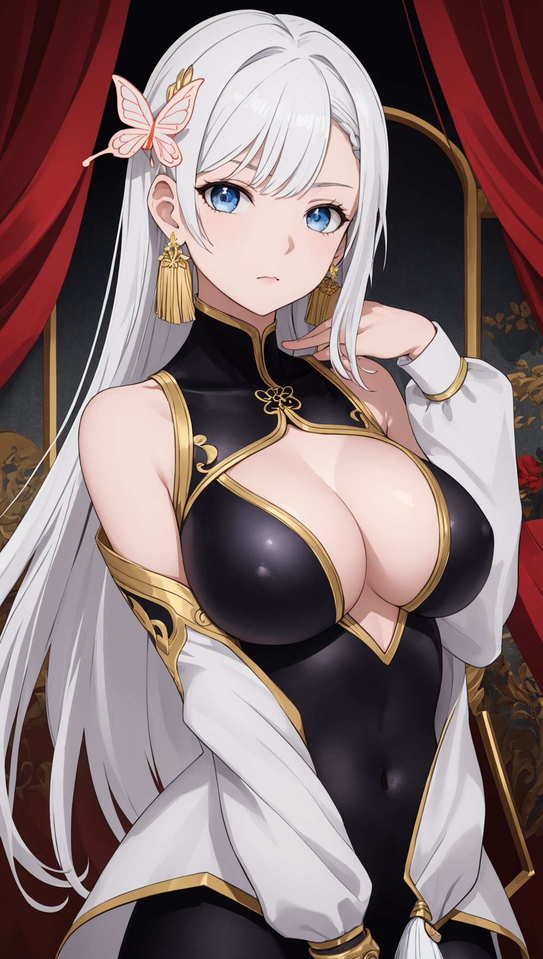 (best quality),((masterpiece)),ultra-detailed,(highres),original,extremely,shenhe,1girl,solo,long hair,breast curtain,braid,breasts,blue eyes,looking at viewer,flower,white hair,hair ornament,upper body,butterfly,tassel,bug,braided ponytail,bodysuit,signature,jewelry,shoulder cutout,bangs,earrings,very long hair,gold trim,closed mouth,tassel earrings,artist name,black bodysuit,bare shoulders,cropped torso,clothing cutout,