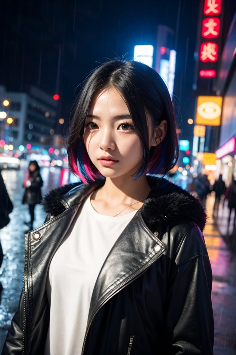 Korean 1girl, solo focus,upper body,short hair, multicolored hair, medium breasts, black coat, white shirt, accessories, city background, futuristic city, night, rain,