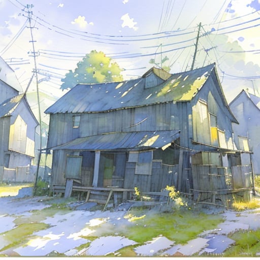 available light,no humans,outdoors,house,tree,scenery,traditional media,sky,day,painting \(medium\),power lines,building,grass,watercolor painting,<lora:2SHUICAI:0.8>,<lora:SHUICAI:0.8>,<lora:shuicaihua:0.8>,