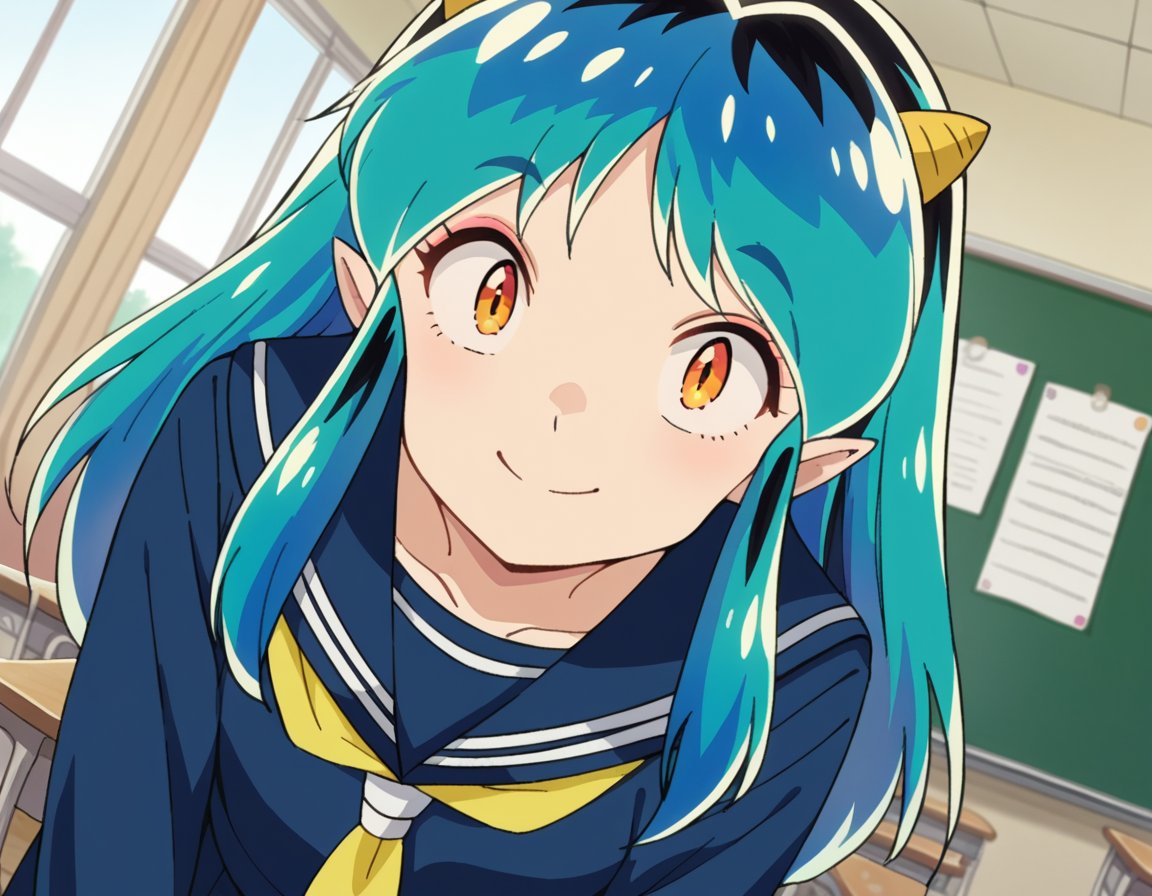 score_9, score_8_up, score_7_up, source_anime,uruseilum, <lora:urusei-lum-anime-s1-ponyxl-lora-nochekaiser:1>,lum, long hair, bangs, blue hair, orange eyes, horns, pointy ears, aqua hair, oni horns, eyeshadow,shirt, long sleeves, school uniform, serafuku, sailor collar, neckerchief, yellow neckerchief, shirt, blue shirt, blue sailor collar, blue skirt,indoors, classroom, smile, bent over,looking at viewer, dutch angle, cowboy shot,