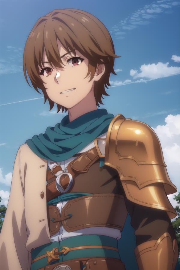 keyaru, <lora:keyaru s1-lora-nochekaiser:1>,keyaru, short hair, (brown eyes:1.5), brown hair, male focus, smile, grin,BREAK cape, armor,BREAK outdoors, forest, nature, grass, trees, sun, sky, clouds,BREAK looking at viewer, (cowboy shot:1.5),BREAK <lyco:GoodHands-beta2:1>, (masterpiece:1.2), best quality, high resolution, unity 8k wallpaper, (illustration:0.8), (beautiful detailed eyes:1.6), extremely detailed face, perfect lighting, extremely detailed CG, (perfect hands, perfect anatomy),