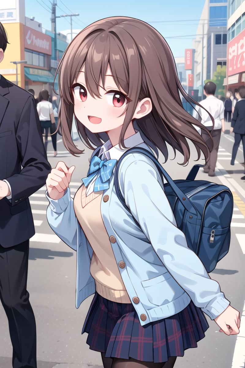 insanely detailed, absurdres, ultra-highres, ultra-detailed, best quality,1girl, solo, nice hands, perfect handsBREAK(School Uniforms:1.2), (pastel blue cardigan is fit body:1.4), ((do up a buttons, not loose):1.5), ((long sleeve, sleeves past wrists):1.2), (inner wear is white collared-shirt:1.3), (blue plaid-pattern bow:1.3), (blue plaid-pattern pleated skirt:1.3), ((dark-brown pantyhose, loafers):1.2), BREAK (nsfw:-1.5)BREAKhappy smile, laugh, open mouthBREAKfrom side,standing, cowboy shot, looking at viewerBREAKslender, kawaii, perfect symmetrical face, ultra cute girl, ultra cute face, ultra detailed eyes, ultra detailed hair, ultra cute, ultra beautifulBREAKshibuya, akihabara, tokyo, street, crowd, cityscape, depth of field, ultra detailed backgroundBREAKmedium breastsBREAKbrown hair, red eyes, medium long hair, bob with bangs, hair between eyes