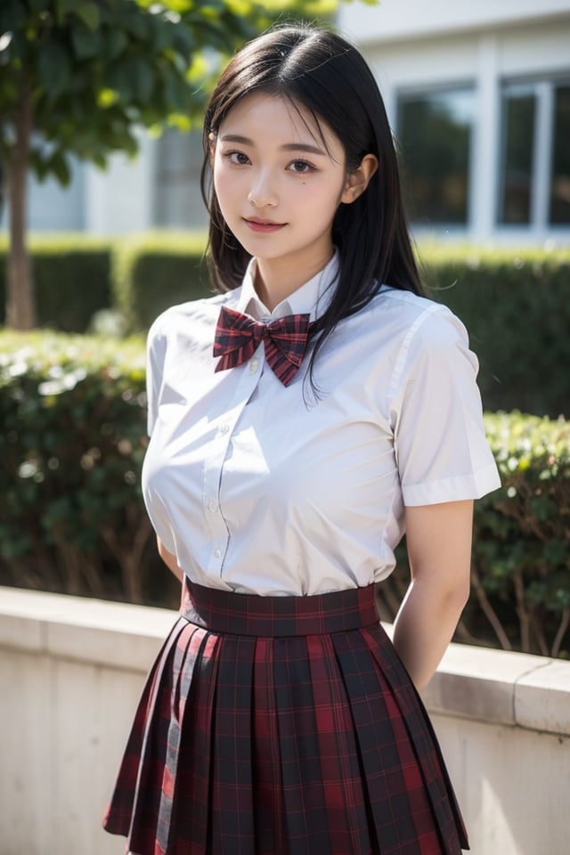 1girl,solo,long hair,realistic,skirt,black hair,school uniform,bow,shirt,looking at viewer,brown eyes,bowtie,arms behind back,white shirt,plaid,lips,smile,best quality,masterpiece,illustration,Amazing,finely detail,masterpiece,official art,incredibly absurdres,huge filesize,ultra-detailed,highres,extremely detailed,realistic,,<lora:Kirihara Mizuki_20240514185959:0.8>