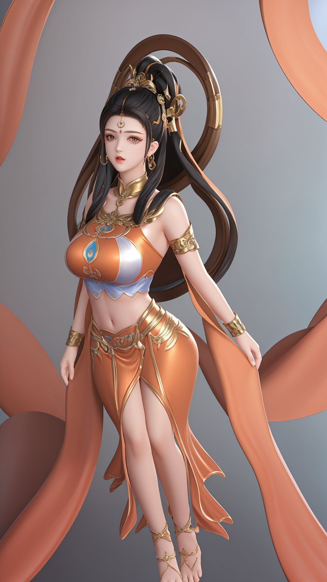 (1girl),smooth chin,masterpiece,detailed face,((hair ornament:1.2)),top quality,4k,make up,best quality,large breasts,(looking at viewer),ribbon,arms behind back,shawl,detached sleeves,forehead mark,legs,on street,full body,sitting on table,<lora:王者 杨玉环 遇见飞天_v1.0:0.9>,(big hair ring:1.5),hair ribbon,chinese clothes,orange skirt,midriff,anklet,armlet,