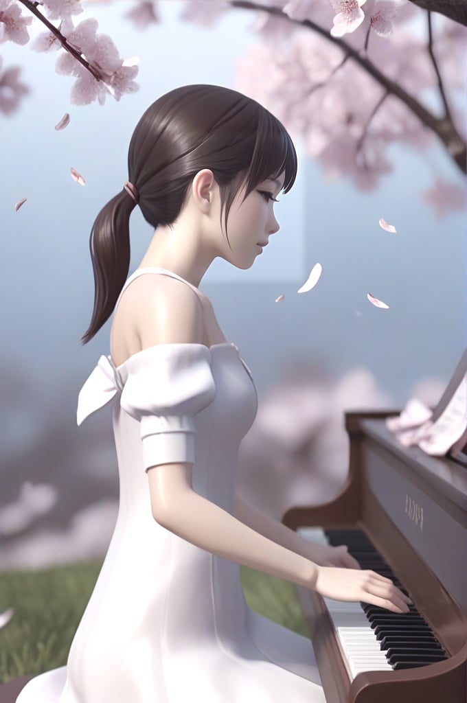 (((floating object:1.4))), (((sakura petals snowing in air))), masterpiece, best quality, highres, closeup on face, sakurairo mau koro, facing viewer, slim figure, 1girl, pretty face, ponytail, bangs, sitting on chair, playing wooden piano, off shoulder, white dress, head down, sky, grass, sitting on chair, sakura, cherry blossoms, shape, cityscape, ((hilltop)), <lora:sakurairomaukoro_sdxl_rearview:0.8> <lora:sd_xl_dpo_lora_v1:1>