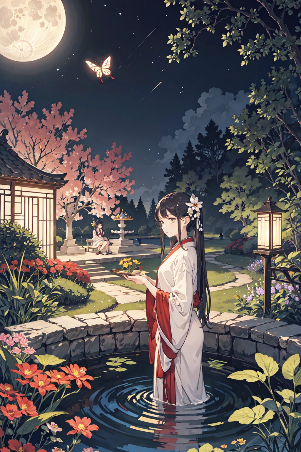 best quality,oriental_detailed background,girl,detailed_hand,garden,, flower, butterfly,night, moon,oreintal wear,reflect water