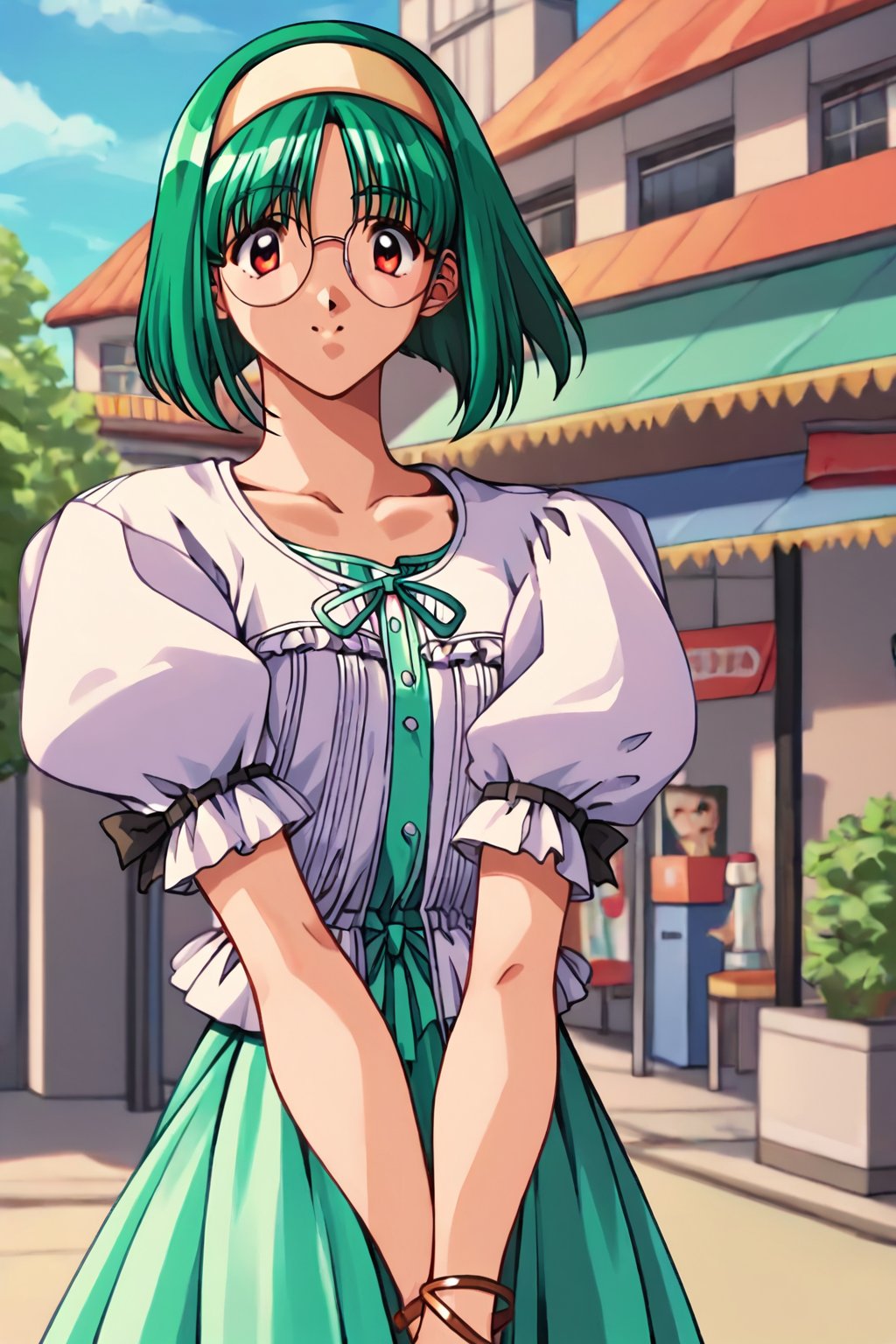 score_9, score_8_up, score_7_up, score_6_up, score_5_up, score_4_up, source_anime,akiyama midori, midori_green, 1girl, solo, green hair, hairband, v arms, retro artstyle, red eyes, glasses, round eyewear, short hair, dress, short sleeves, rimless eyewear, puffy sleeves, looking at viewer, bracelet, smile, cowboy shot, puffy short sleeves, jewelry, outdoors, masterpiece, perfect face, best quality, beautiful girl, cute girl, beautiful eyes, shiny eyes, anime coloring, anime screencap, absurdres, <lora:akiyama midori anyt 905:0.8>