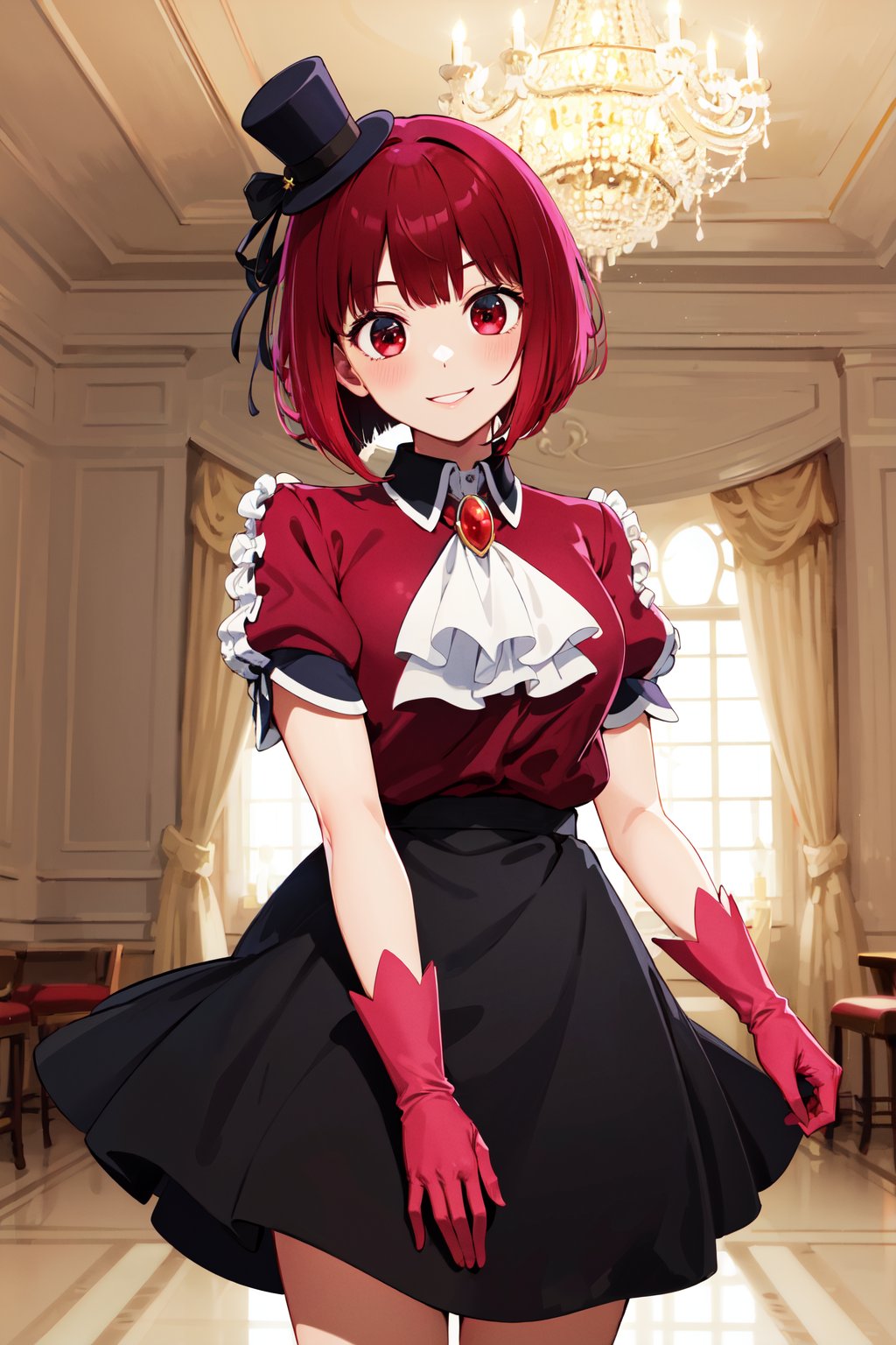 masterpiece, best quality, highres, aakana, short hair, mini hat, head tilt, red eyes, jewelry, brooch, white ascot, frills, red shirt, short sleeves, pink gloves, black skirt, <lora:arima_kana_v1:0.7>, standing, cowboy shot, chandelier, indoors, smile