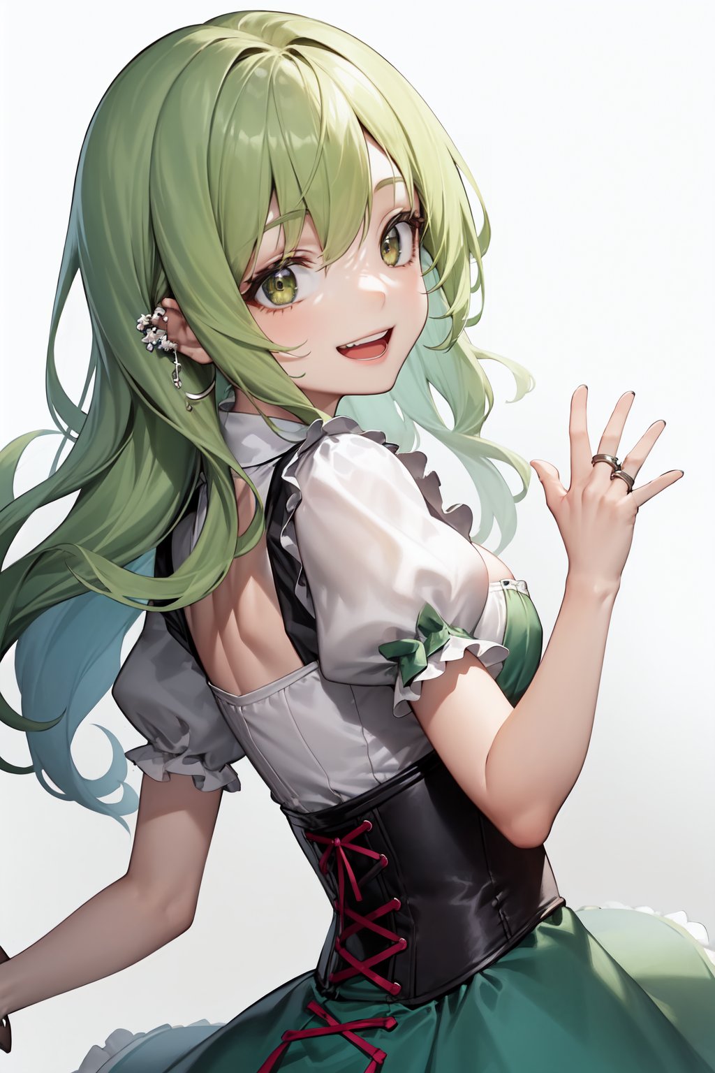 1girl, , :d, breasts, cleavage, corset, dirndl, dress, german clothes, green hair, hair rings, long hair, looking back, low-tied long hair, open mouth, outstretched hand, puffy short sleeves, puffy sleeves, short sleeves, simple background, small breasts, smile, solo, teeth, white background, 