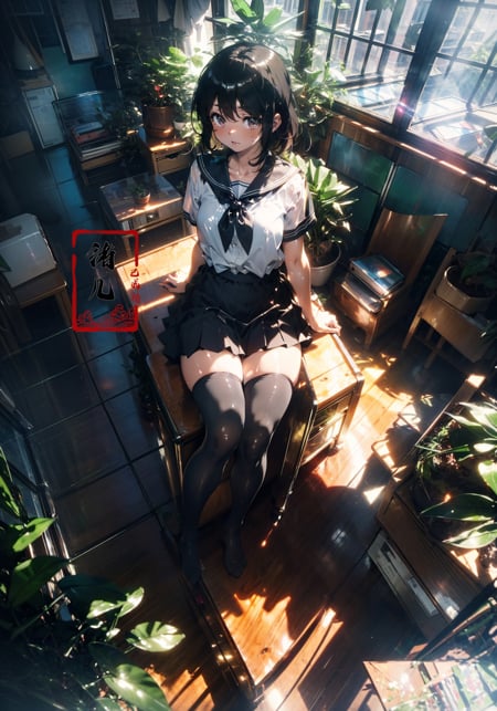 Epic CG masterpiece, an anime girl in a room with plants, no shoes, Black transparent pantyhose, pleated skirt, Sailor suit, sailor collar, in the style of photorealistic urban scenes, applecore, sandalpunk, high-angle, vacation dadcore, solarizing master1girl,  Milky skin, (shiny skin:1.4)，silk stockings，<lora:绪儿-阳光少女 window:0.8>