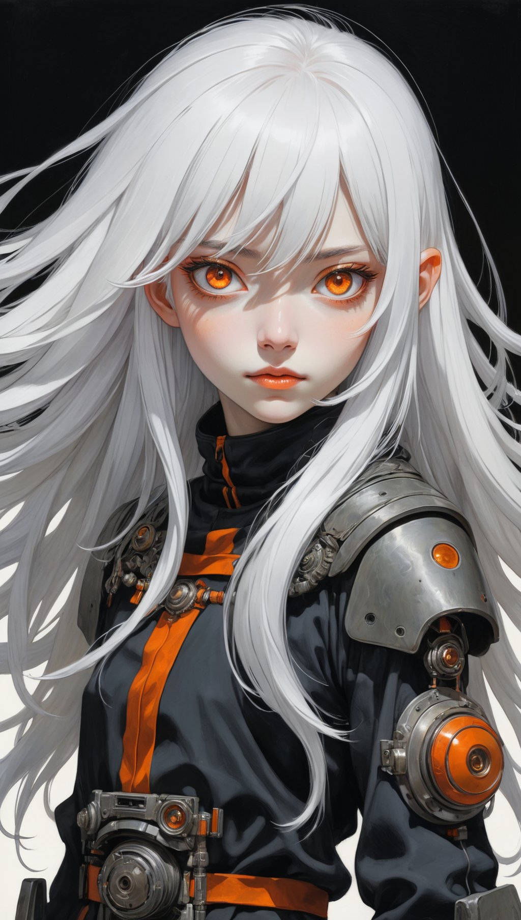 style of Tsutomu Nihei,(incredibly absurdres, (high resolution:1.18), intricate detail, (masterpiece:1.1), (highest quality:1.1), absurdres) BREAK (1girl, solo, portrait, white hair, orange eyes, long hair, detailed eyes),