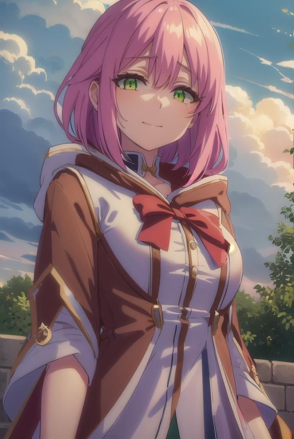 nornclatalissajioral, <lora:norn clatalissa jioral s1-lora-nochekaiser:1>,norn clatalissa jioral, long hair, hair between eyes, (green eyes:1.5), pink hair, smile,BREAK long sleeves, dress, bow, red bow, hood, robe, white robe,BREAK outdoors, forest, nature, grass, trees, sun, sky, clouds,BREAK looking at viewer, (cowboy shot:1.5),BREAK <lyco:GoodHands-beta2:1>, (masterpiece:1.2), best quality, high resolution, unity 8k wallpaper, (illustration:0.8), (beautiful detailed eyes:1.6), extremely detailed face, perfect lighting, extremely detailed CG, (perfect hands, perfect anatomy),