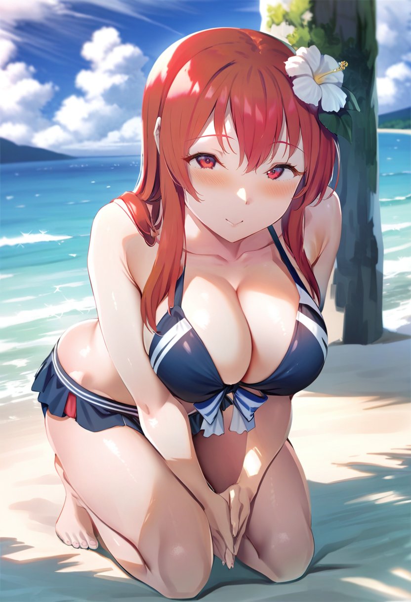 masterpiece, best quality,<lora:kitirokuXL_ANI31_lokr_V4236:0.95> 1girl, breasts, swimsuit, solo, long hair, bikini, outdoors, cleavage, red hair, smile, hair ornament, day, red eyes, large breasts, looking at viewer, sky, hair flower, cloud, flower, ocean, water, bikini skirt, collarbone, kneeling, blush, beach, blue sky, closed mouth, barefoot, bare shoulders, own hands together, thighs, cloudy sky, sidelocks, bare legs, full body, bare arms, bow