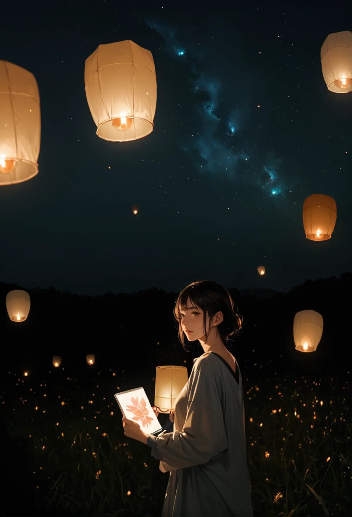 ,ruanyi0799,lantern,glowing,night sky,<lora:0799 Kongming lantern_v1_pony:1>, score_9,score_8_up,score_7_up,,8k,1girl,solo,,