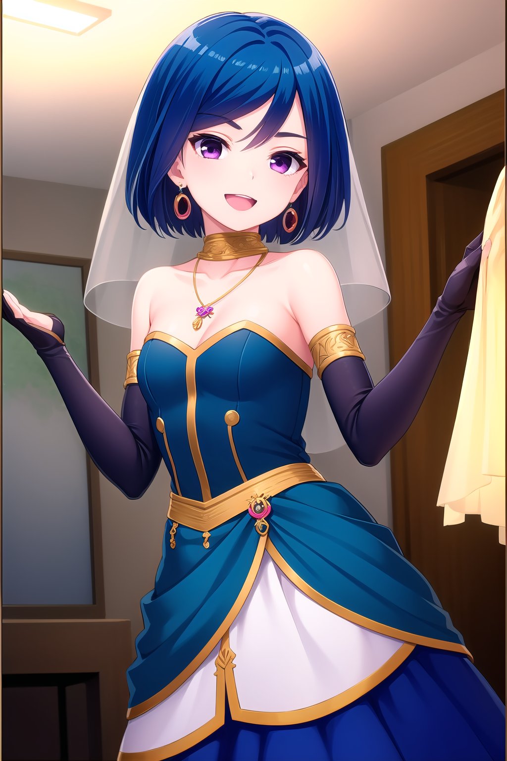 (masterpiece, best quality), highly detailed background, perfect lightingbest quality, akasegawamaki, solo, indoors, tarot, circlet, mouth veil, blue hair, swept bangs, bob cut, short hair, purple eyes, medium breasts, crescent earrings, necklace, halterneck, jewelry, blue dress, sleeveless dress, bare shoulders, detached sleeves, blue sleeves, bridal gauntlets, elbow gloves, smile, open mouth, :d, pink lips, <lora:Akasegawa-Maki-2-10:0.7>