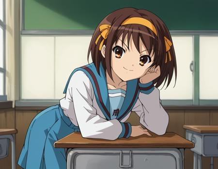 score_9, score_8_up, score_7_up, source_anime,haruhisuzumiya,  <lora:haruhi-suzumiya-s1-ponyxl-lora-nochekaiser:1>,haruhi suzumiya, short hair, brown hair, brown eyes, hairband, medium hair, ribbon, hair ribbon,skirt, long sleeves, school uniform, serafuku, sailor collar, blue skirt, blue sailor collar, winter uniform, kita high school uniform,indoors, classroom, bent over, smile,looking at viewer, cowboy shot, solo,