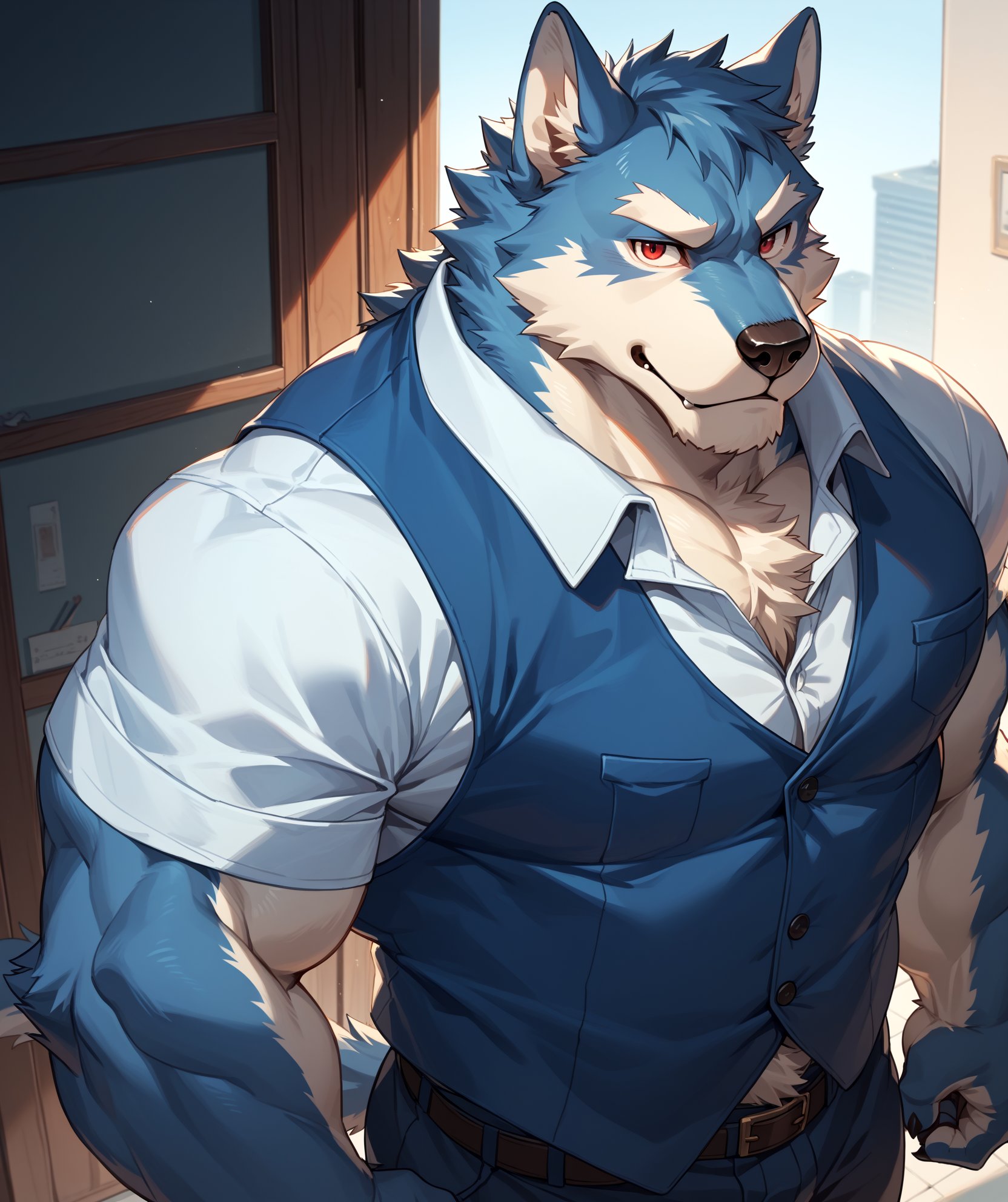 score_9,score_8_up,score_7_up,score_6_up,furry,kemono,high quality,tail,rating_explicit,embedding:zPDXL3 BREAK male furry,(bara),huge plump Chest Muscles,perfect anatomy,source_anime, furry, wolf, male, open clothing, high-angle view, red eyes, looking at viewer,Vest