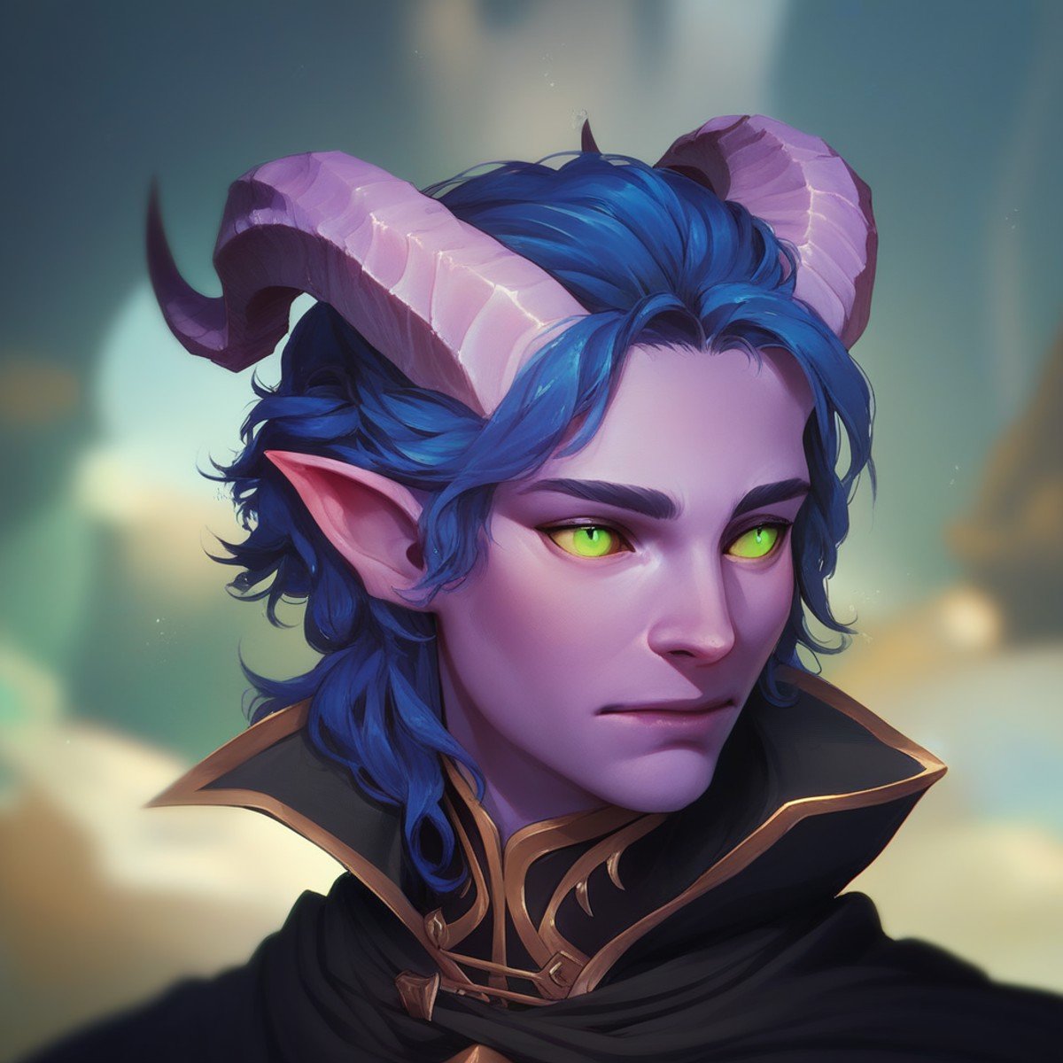 (((beautiful, high quality))), portrait, score_9, score_8_up, score_7_up, Tiefling, pointed ears, horns, colored sclera, 1boy, purple skin, blue hair, green eyes, black cape, fantasy background, blurred background