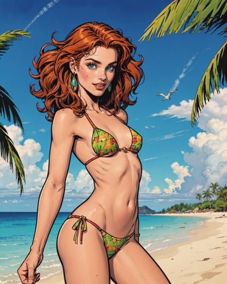 comic artwork of pretty woman, skinny, petite, long ginger hair, tiny bikini, sexy, smiling, tropical island background, epic, dynamic shadows, cinematic lighting, daylight, warm summer day, <lora:detail_slider_v4:1.5>, <lora:colorize:0.95>, (upper body:0.7), <lora:breastsizeslideroffset:-0.5>, crosshatching, 2D, Sharp, Detailed, HD, HDR, High Quality, High Resolution, Masterpiece