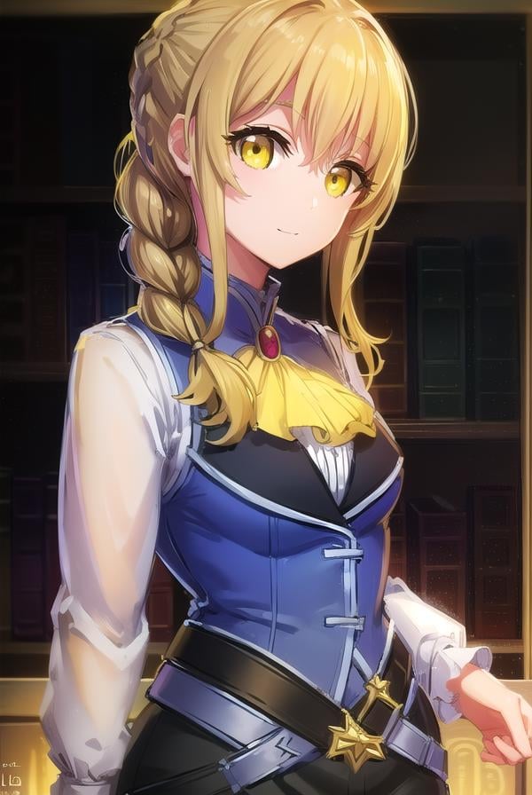 guildgirl, <lora:guildgirl-lora-nochekaiser:1>,guild girl, long hair, blonde hair, (yellow eyes:1.5), braid, single braid, smile,BREAK skirt, shirt, long sleeves, white shirt, pantyhose, black skirt, vest, long skirt, yellow ribbon, ascot, yellow ascot,BREAK looking at viewer, upper body, full body, (cowboy shot:1.5),BREAK outdoors, city,BREAK <lora:GoodHands-vanilla:1>, (masterpiece:1.2), best quality, high resolution, unity 8k wallpaper, (illustration:0.8), (beautiful detailed eyes:1.6), extremely detailed face, perfect lighting, extremely detailed CG, (perfect hands, perfect anatomy),