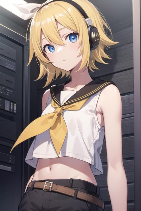 kagaminerin, <lora:rinkagaminetest:1>,rin kagamine, blonde hair, blue eyes, hair bow, headset, short hair, headphones, (flat chest:1.2),BREAK bare shoulders, belt, black sailor collar, black shorts, bow, crop top, detached sleeves, grey legwear, grey shorts, grey sleeves, hair bow, leg warmers, neckerchief, sailor collar, school uniform, shirt, short shorts, short sleeves, shorts, white bow, white footwear, white shirt, yellow neckerchief,BREAK looking at viewer,BREAK indoors, classroom,BREAK <lora:GoodHands-vanilla:1>, (masterpiece:1.2), best quality, high resolution, unity 8k wallpaper, (illustration:0.8), (beautiful detailed eyes:1.6), extremely detailed face, perfect lighting, extremely detailed CG, (perfect hands, perfect anatomy),