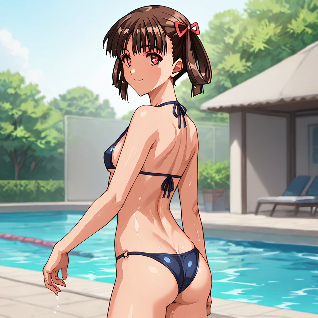 score_9, score_8_up, score_7_up, score_6_up, score_5_up, score_4_up, source_anime,soratani natsuki, red eyes, brown hair, hair rings,1girl, solo, pool, swimsuit, solo, water, bikini, ass, looking back, wet, smile, outdoors, day, looking at viewer, tight body,standing,masterpiece, perfect face, best quality, beautiful girl, cute girl, beautiful eyes, shiny eyes, anime coloring, anime screencap, absurdres, award winning,<lora:soratani natsuki nova:0.8>