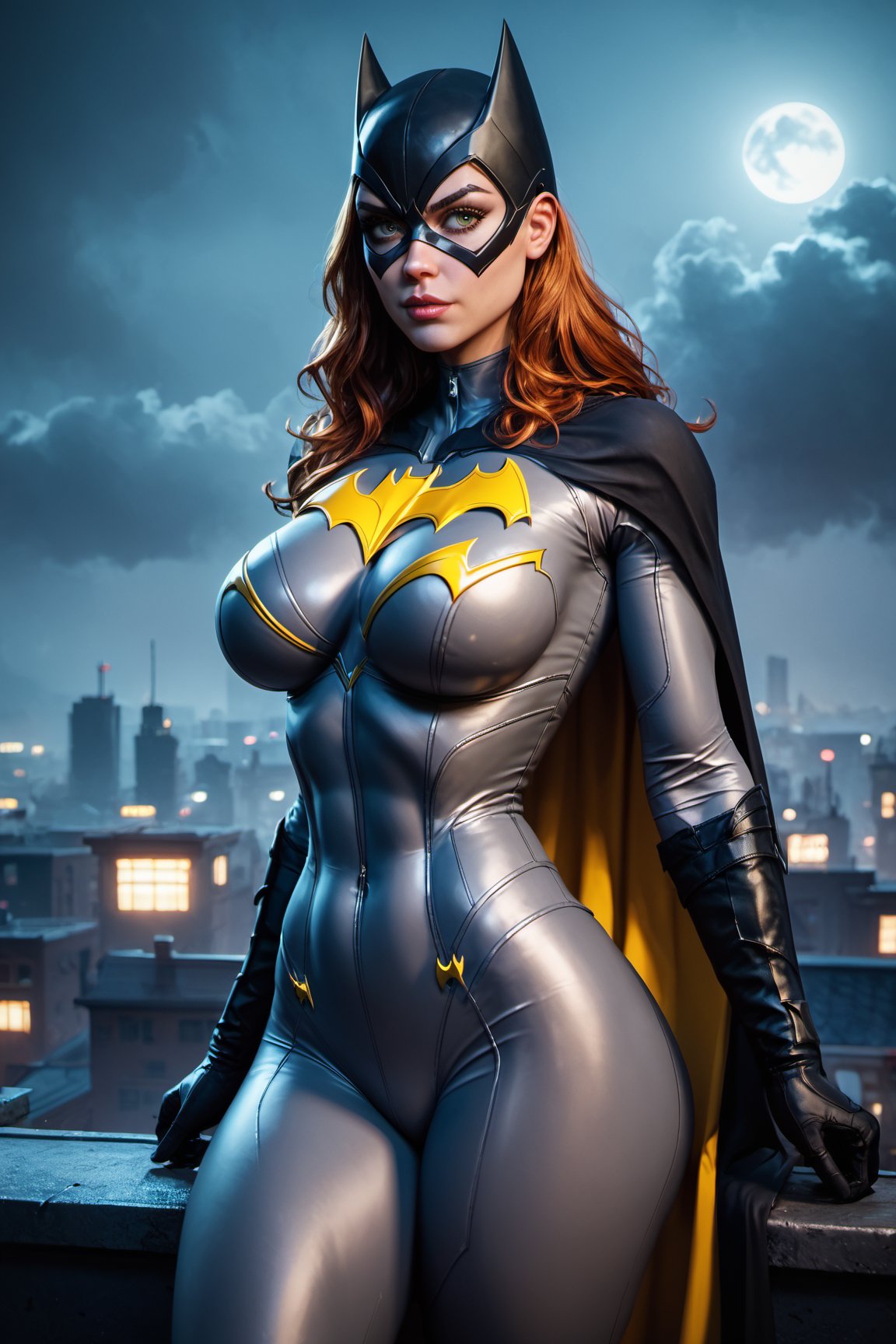 score_9, score_8_up, score_7_up, beautiful eyes, batgirl, black&yellow_cape, gray bodysuit, huge breasts, perky breasts, slim body, thin waist, huge hip, thick thighs, cinematic, foggy, cloudy, crime city, rooftop, night, dim light