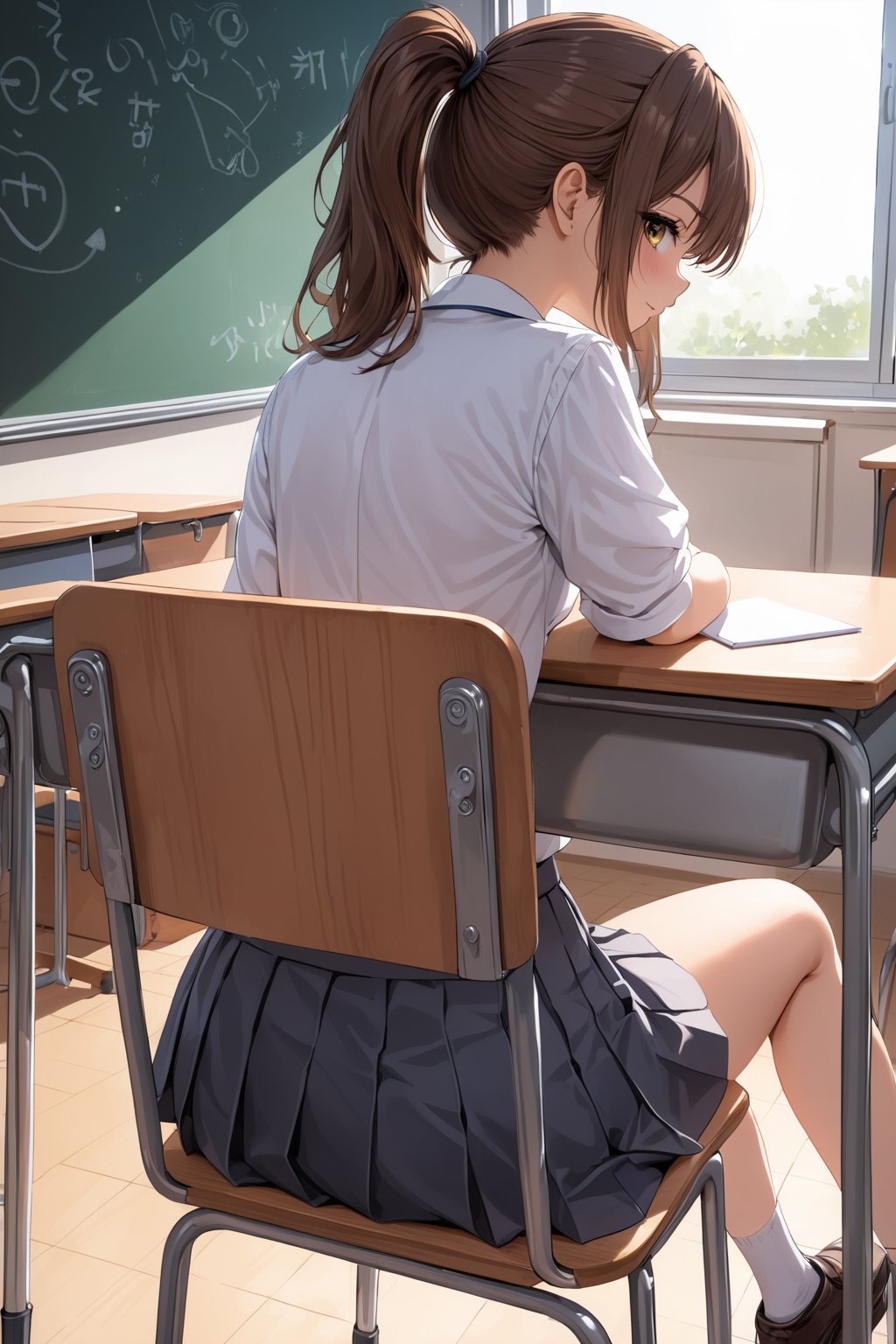 1girl, solo, brown hair, ponytail, school uniform, looking back, from behind, sitting on chair, desk, classroom, black board, transparent, masterpiece, best quality
