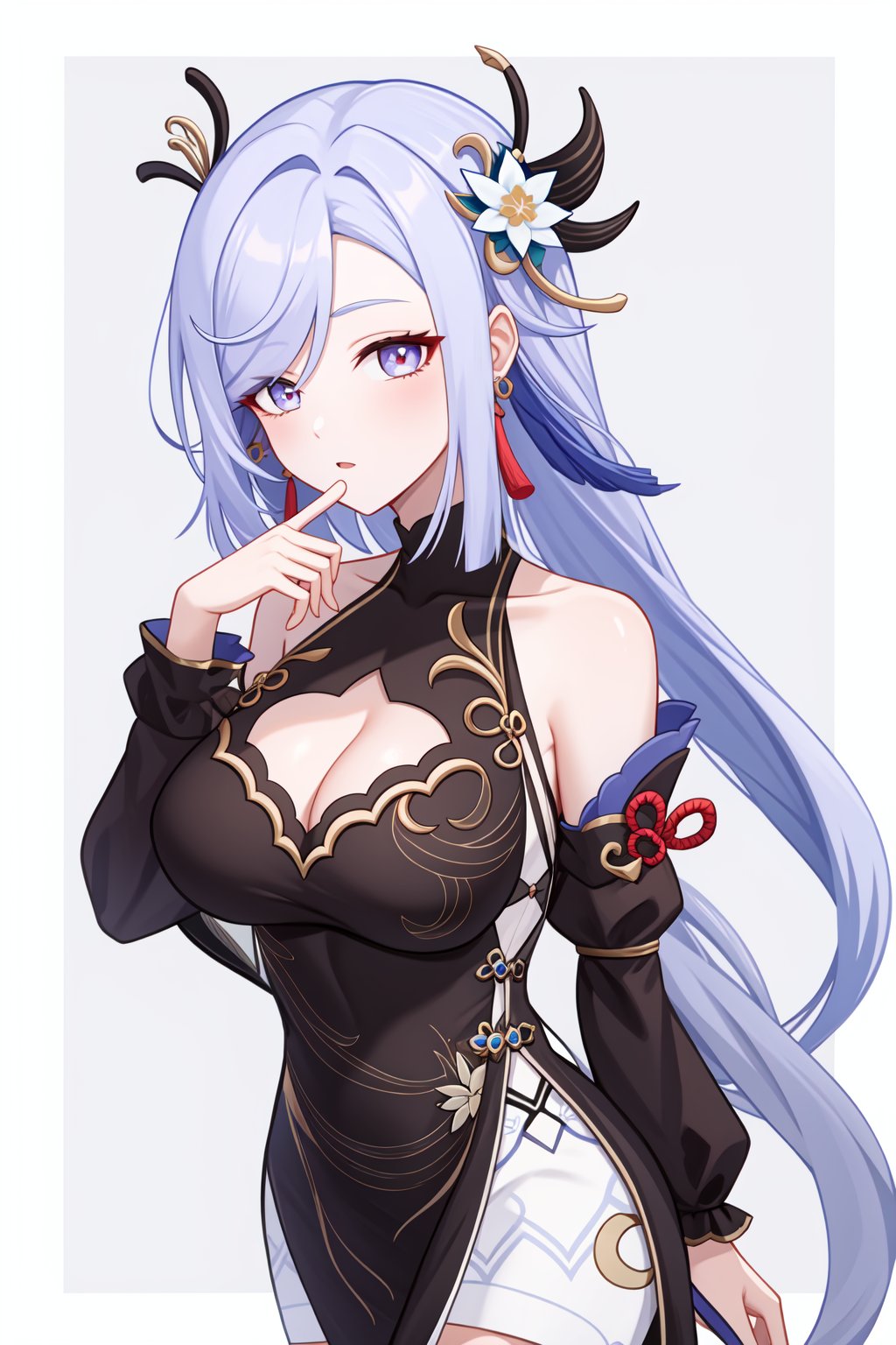 <lora:申鹤皮肤v2:1:lbw=char>,1girl,shenhe \(genshin impact\),bare shoulders,detached sleeves,black dress,alternate costume,tassel,china dress,long sleeves,tassel earrings,high quality,chinese clothes,cleavage,flower,, (masterpiece,best quality,high quality:1.2),absurdres,