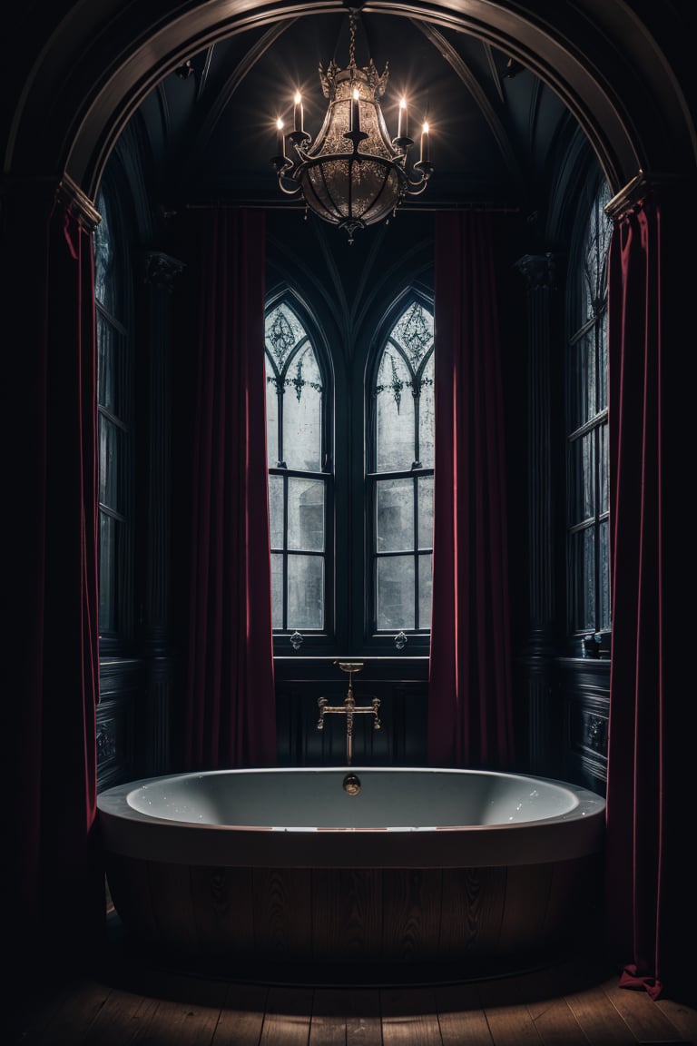 photography, bedroomgothic bathtub, gothic, dim light, mirror, gargoyle, dark curtains, satan paintings, ornament, wooden floor, purple red light, dawn, <lora:ARWBedroomGothic:1>