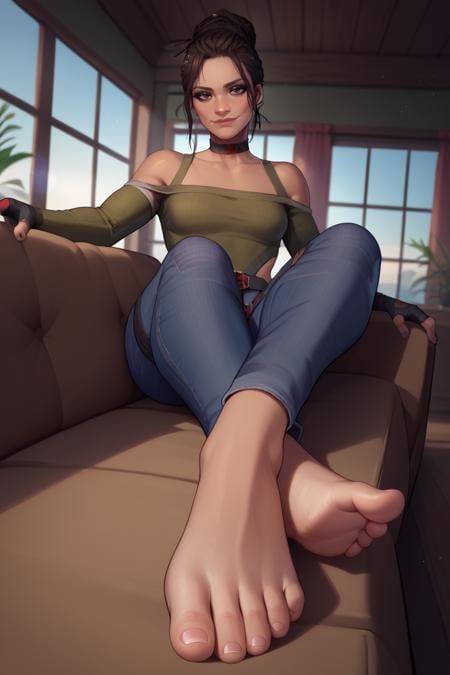 score_9, score_8_up, score_7_up, BREAK, 1girl, solo,  <lora:panampalmer-guy-PONYv1:.95>, panampalmer, dark skin,  single hair bun, choker, fingerless gloves, jeans, long sleeves, leotard, belt, indoors, lounging, couch, light particles, window, depth of field, lens flare, , bare shoulders, barefoot, foot focus, seductive smile, taker pov